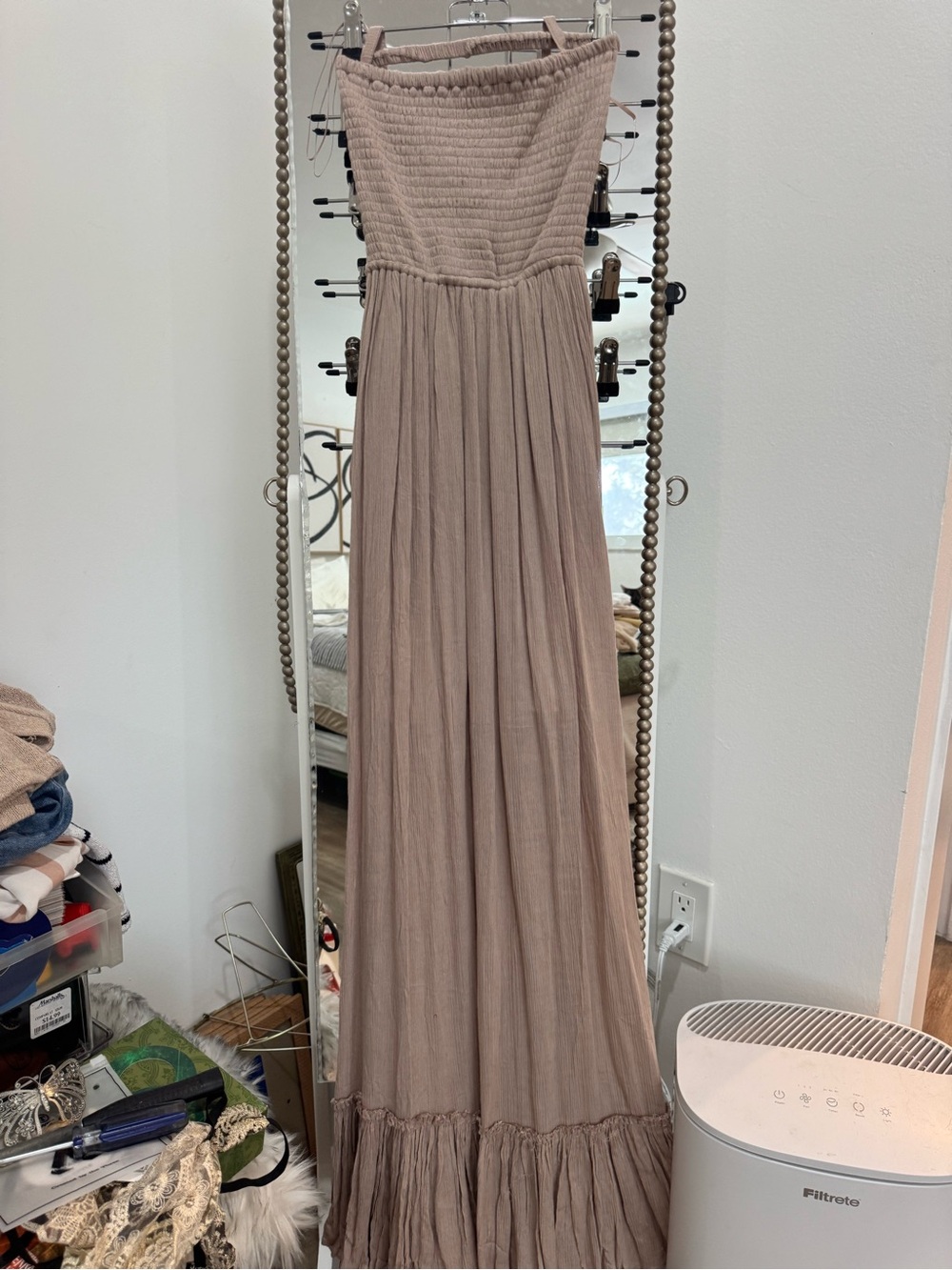 Windsor Strapless Smocked Maxi Dress in Taupe - XS
